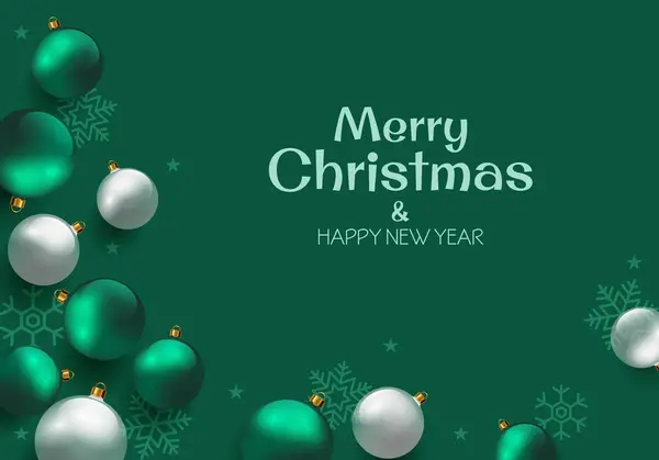 Noel yeşili arka plan dekoratif yeşil ve beyaz toplar ve tebrik işareti