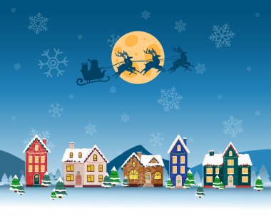 Noel Baba 'yla Noel gecesi sahnesi İskandinav renkli evlerin üzerinden geçiyor.