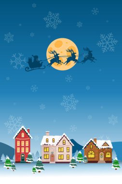 Noel Baba 'yla Noel gecesi sahnesi İskandinav renkli evlerin üzerinden geçiyor.