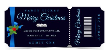 Merry Christmas elegant horizontal party ticket for admit one with blue bow clipart