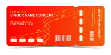 Konser bileti şablonu. Müzik satırlı turuncu arkaplan
