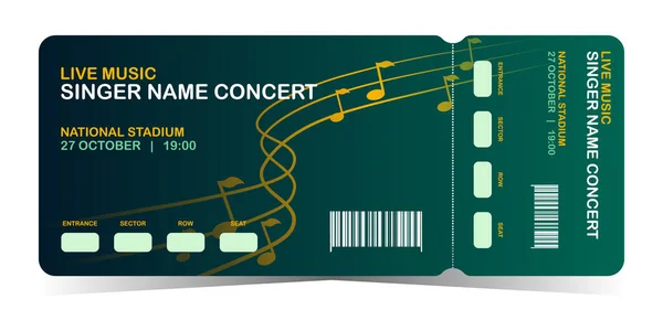 Konser bileti şablonu. Müzik satırlı yeşil arkaplan