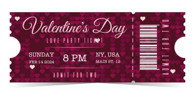 Valentine's Day purple ticket vintage template for admit two on heart background