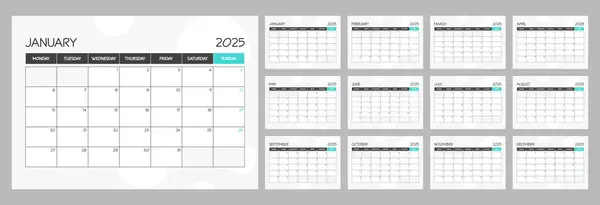 2025 yılı için aylık takvim planlayıcı şablonu. Duvar takvimi turkuaz minimalist tarzında. Hafta Pazartesi Başlıyor
