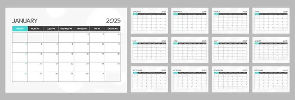 2025 yılı için aylık takvim planlayıcı şablonu. Duvar takvimi turkuaz minimalist tarzında. Hafta Pazar günü başlıyor.