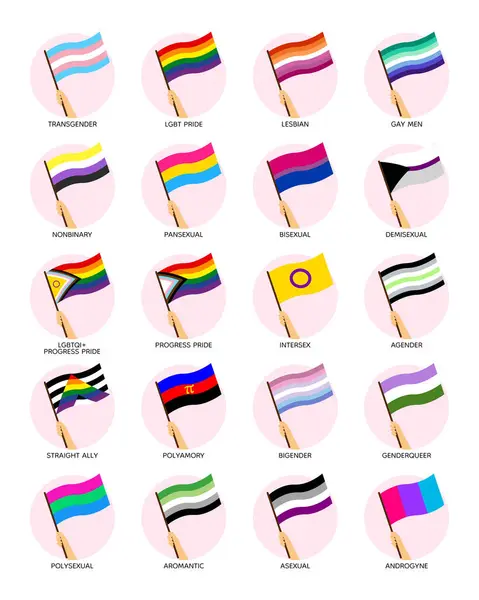 stock vector Set of hands holding lgbtqi+ pride flags