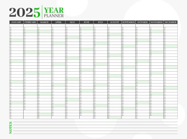 2025 yıllık yeşil takvim şablonu. Zamanlama sayfası günlüğü, kırtasiye takvimi, kurumsal planlayıcı