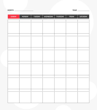 Aylık boş kare takvim planlayıcı şablonu. Hafta Pazar günü başlıyor.