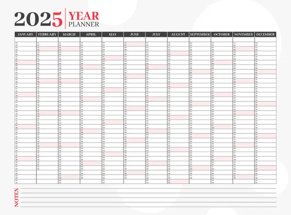 Yıllık kırmızı takvim şablonu 2025. Zamanlama sayfası günlüğü, kırtasiye takvimi, kurumsal planlayıcı