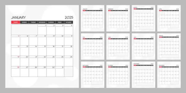 2025 yılı için aylık takvim kırmızı kare çizelgesi. Hafta Pazar günü başlıyor.