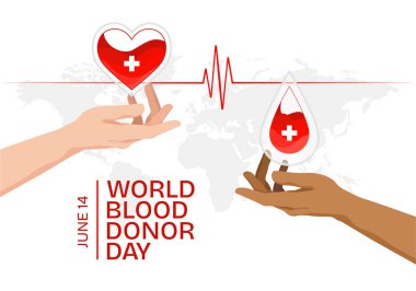 World Blood Donor Day template with hand showing charity red drop and heart shaped bag container