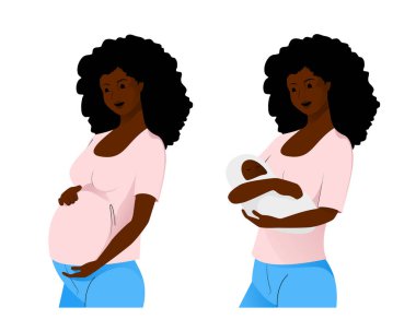 Set of african pregnant woman and mother with baby in pink T-shirt and blue jeans