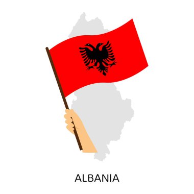Hand holding and waving the national flag of Albania on a map background