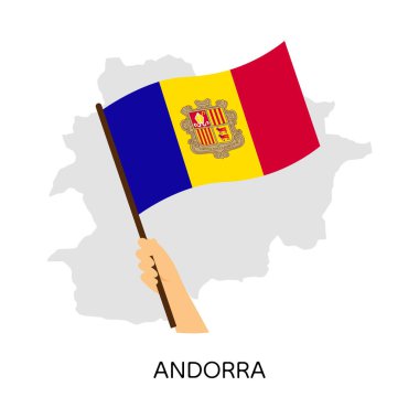 Hand holding and waving the national flag of Andorra on a map background