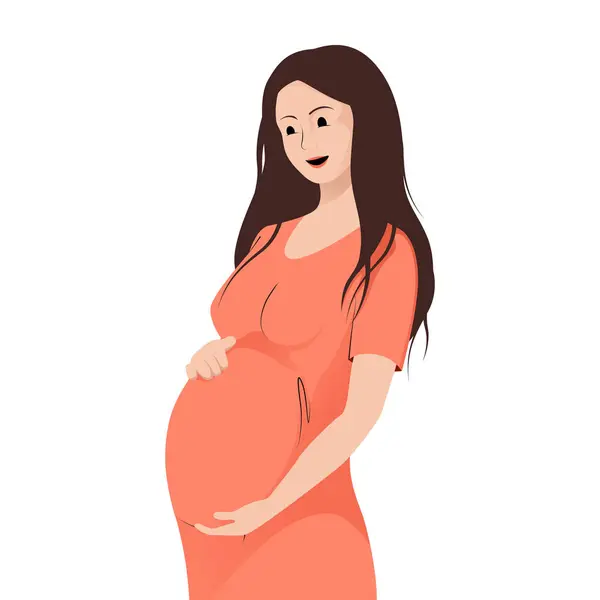 Turuncu elbiseli hamile kadın mutlu bir gülümsemeyle karnını nazikçe tutuyor.