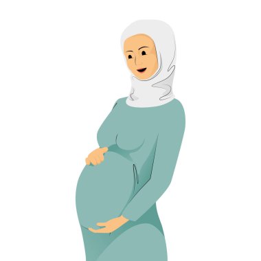 Gülümseyen Müslüman hamile kadın mavi tesettürlü nazikçe karnını tutuyor.