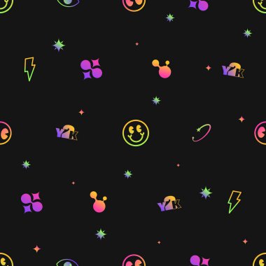 Siyah arkaplanda neon renkli bilim ve uzay temalı simgelerle kusursuz y2k deseni