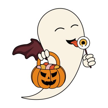 Yarasa kanatlı şirin hayalet elinde balkabağı sepeti ve göz bebeği şekeri tutuyor.