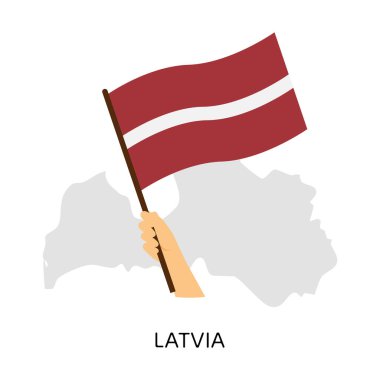 El haritanın arka planında ulusal Letonya bayrağını tutuyor