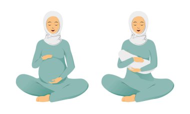 Hamilelik ve yeni doğmuş bebeği olan Müslüman kadın Lotus pozunda oturuyor.