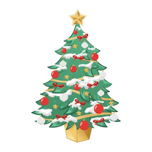 Süslü Noel ağacı, dalında çelenk ve kar