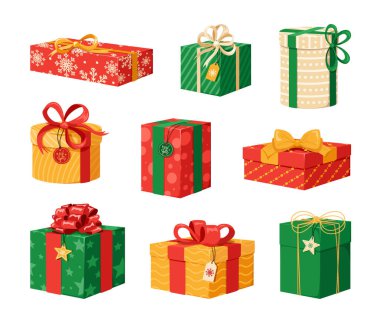 Kalıplı ve bağlı Noel hediye kutuları.