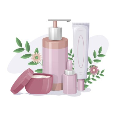 Çiçek arka planlı kozmetik kaplar ve şişe kompozisyonları