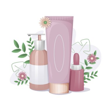 Cilt bakımı organik kozmetik kaplar ve çiçek arkaplanlı şişe kompozisyonları
