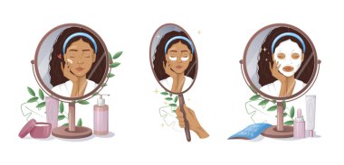 Bir grup Latin Amerikalı kadın cilt bakımı yapıyor ve aynaya yansıyor.