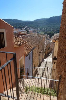 Biar, Alicante, Spain, January 14, 2023: Vertical view of a street from the upper part of Biar, Alicante, Spain