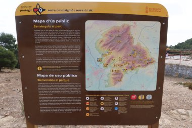 Balcon de Alicante, Maigmo mountain range, Castalla, Alicante, Spain, February 17, 2023: Map with the routes of the Maigmo mountain range. Castalla, Alicante, Spain