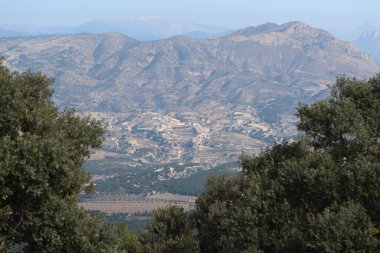 Maigmo mountain range, Tibi, Alicante, Spain, February 17, 2023: Views between the trees from the Pere Paia Antennas in the Maigmo mountain range. Alicante, Spain
