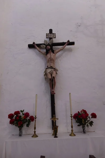 Castano Del Robledo Huelva Espanha Abril 2023 Crucifixo Lado Igreja — Fotografia de Stock