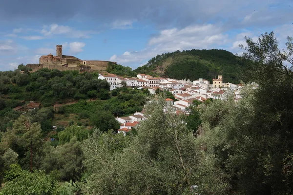 stock image Almonaster la Real, Huelva, Spain, June 21, 2023: Mosque, bullring and village of Almonaster la Real in the Sierra de Aracena, Huelva, Spain