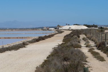 Salinas El Pinet, La Marina, Alicante, Spain, April 10, 2024: Path towards a mountain of salt in the Salinas del Pinet, La Marina, Alicante, Spain clipart