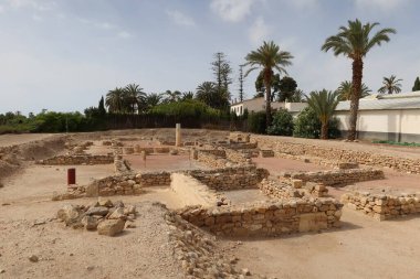 Ilici - La Alcudia, arkeolojik alan. Elche, Alicante, İspanya, 19 Haziran 2024: Peristyle 'deki Roma domusunun kalıntıları, Ilici' deki palmiye ağaçlarının yanında, La Alcudia, arkeolojik alan. Elche, Alicante, İspanya