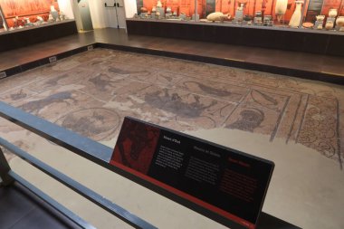 Ilici - La Alcudia, arkeolojik alan. Elche, Alicante, İspanya, 19 Haziran 2024: Ilici müzesinde Roma mozaiği - La Alcudia, arkeolojik alan. Elche, Alicante, İspanya