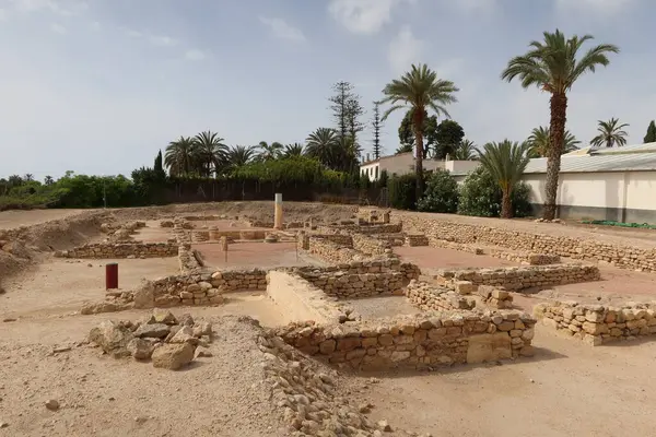Ilici - La Alcudia, arkeolojik alan. Elche, Alicante, İspanya, 19 Haziran 2024: Peristyle 'deki Roma domusunun kalıntıları, Ilici' deki palmiye ağaçlarının yanında, La Alcudia, arkeolojik alan. Elche, Alicante, İspanya