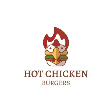 Hot Chicken Burgers Logo Vector, ateş, tavuk ve burgeri birleştiriyor, fast food endüstrisi, restoran veya hamburgerci için uygun özellikle Hot Chicken Burgers için..