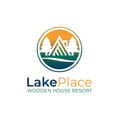 Ahşap ev, ağaç ve göl içeren göl logosu taşıyıcısı, basit ve modern, inşaat, seyahat, tatil, otel, kamp, macera için uygun