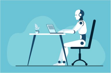 Robot ofis işi yapıyor. Robot dizüstü bilgisayarın önünde oturuyor..