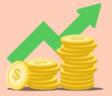 Arka planda vurgu grafiği olan bozuk para yığınının 3d vektör çizimi