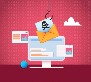 3D Phishing email, cyber criminals, hackers, phishing email to steal personal data, hacked laptop, malware, infected email clipart