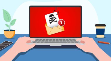 Şifreli e-posta, siber suçlular, hackerlar, kişisel bilgileri çalmak için sahte e-posta, hacklenen dizüstü bilgisayarlar, kötü amaçlı yazılımlar, enfekte olmuş e-postalar, ekranda enfekte bir e-posta ile çalışan bir kişinin sahnesi.