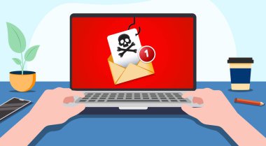 Phishing email, cyber criminals, hackers, phishing email to steal personal data, hacked laptop, malware, infected email, Scene of a person working on a laptop with an infected email on the screen clipart