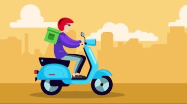 Sırtında sırt çantası ve arka planında tek renkli bir şehir olan bir scooter teslimatçısının 2D animasyonu. Teslimatçı çocuk, kasklı motosiklet süren genç adam..