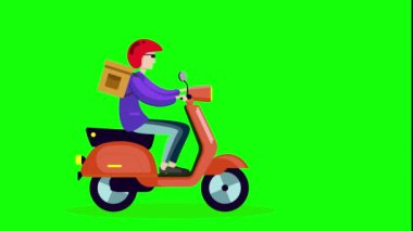 Sırtında Corma Green marka sırt çantasıyla motosikletli bir teslimatçının 2D animasyonu. Teslimatçı, güvenlik kaskıyla scooter süren genç bir adam. krom anahtarı