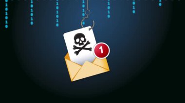 Phisihng e-posta konsepti. Balık oltasında asılı şüpheli bir e-posta ve altında ikili kod var. Virüslü e-posta. Hackleme.