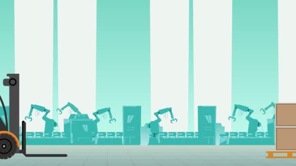 工場内でフォークリフトトラックを運転する労働者のシーン フォークリフトトラックの持ち上がる箱 2Dアニメーション — ストック動画
