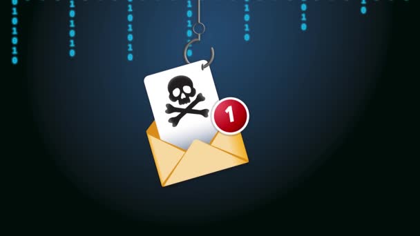 Phisihngメールコンセプト 下にバイナリコードが付いた 釣りのフックに 疑わしい電子メールが掛かってる 感染したメール ハッキング — ストック動画